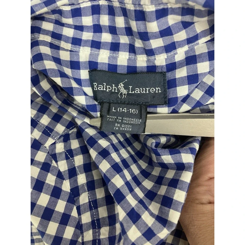 Ralph Lauren Blue White Gingham Dress Shirt Boys‎ 14-16 Button Down Pink Pony